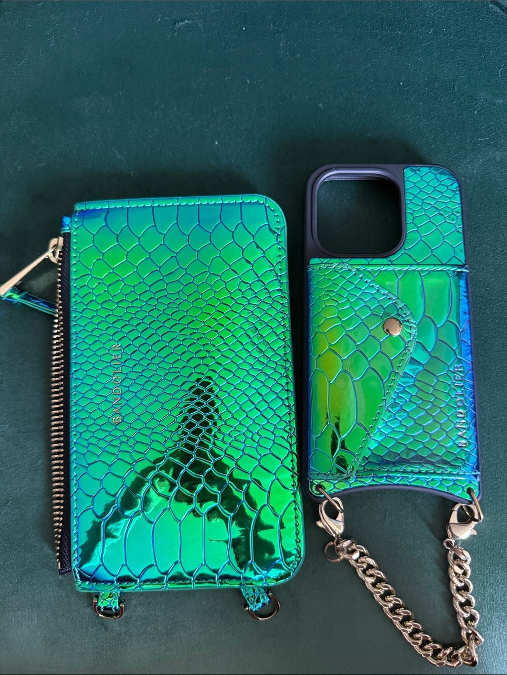 Bandolier Iridescent Green Blue Snake-Embossed Phone Wallet & Case